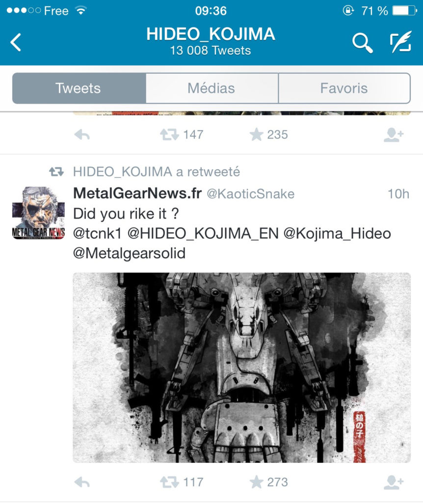 Hideo Kojima himself likes my work on Tweeter ! #proud